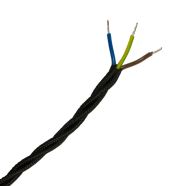 0.75mm² 3 Core Black Braided Textile Vintage Flexible Cable Per Metre